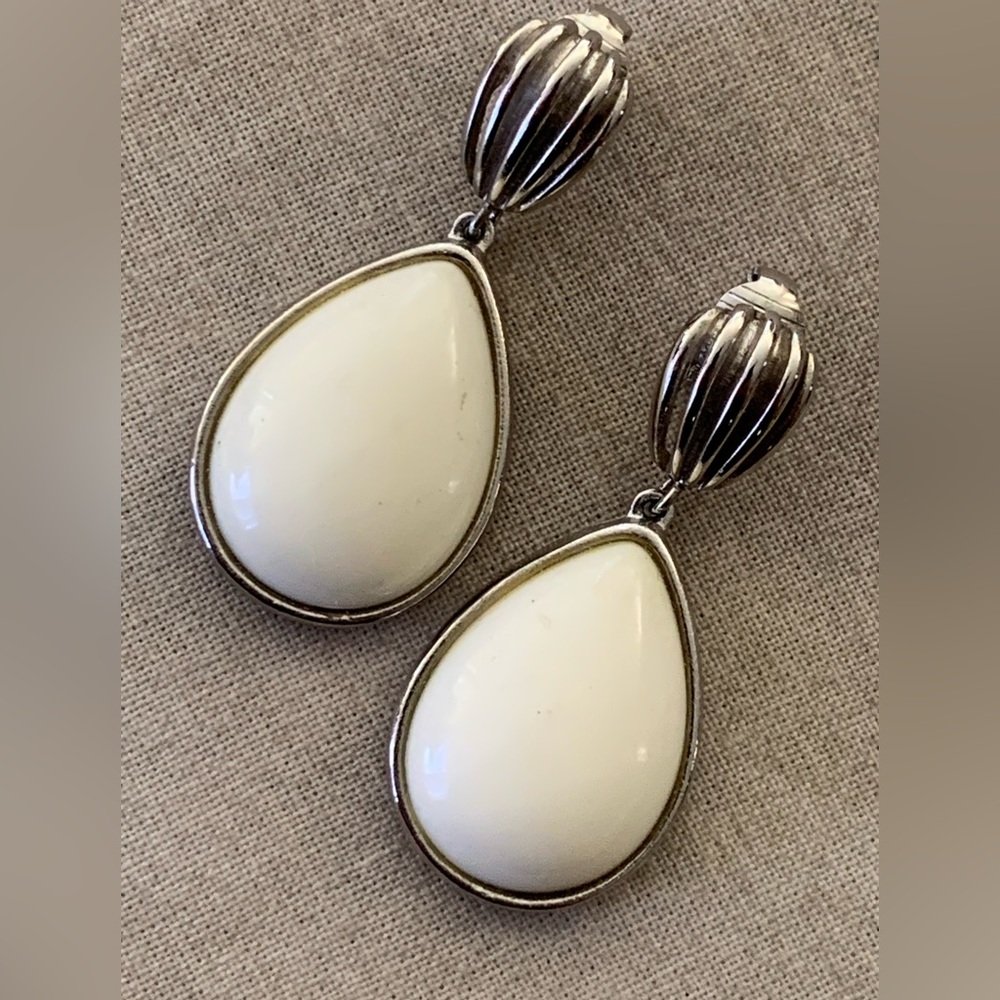 Vintage Givenchy White Cabochons Teardrop Clip On Earrings